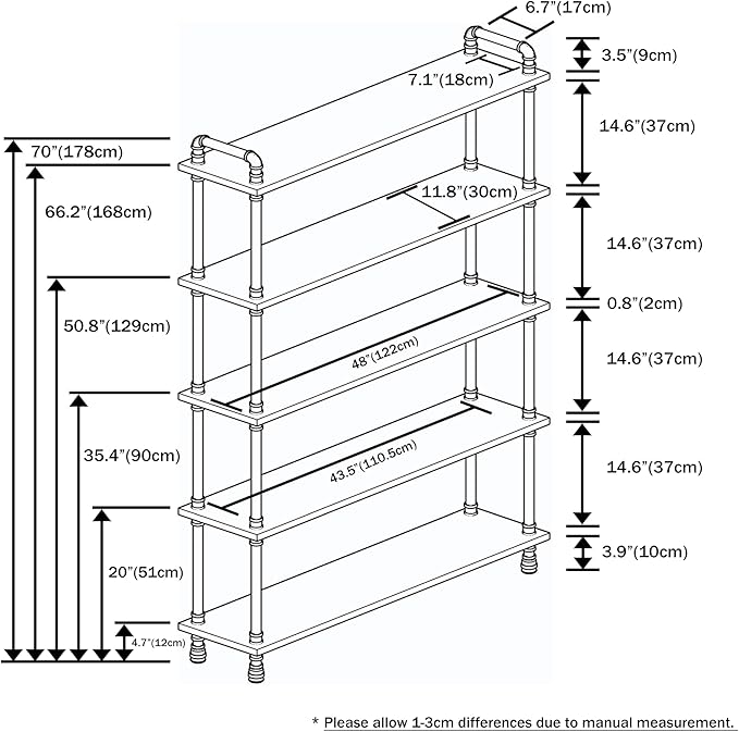 Industrial Bookshelf, 5-Tier Pipe Shelf, Wall Mounted Bookcase for Home and Office (Weathered Brown, 48" L x 11.8" W x 70" H)