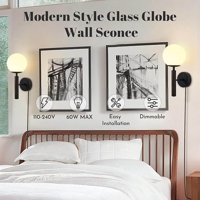 KCO Lighting Plug in Wall Sconce Light Black Vintage Industrial Wall Light White Glass Shade Bedside Wall Lamp for Bedroom Stairs Hallway(Black Plug in)