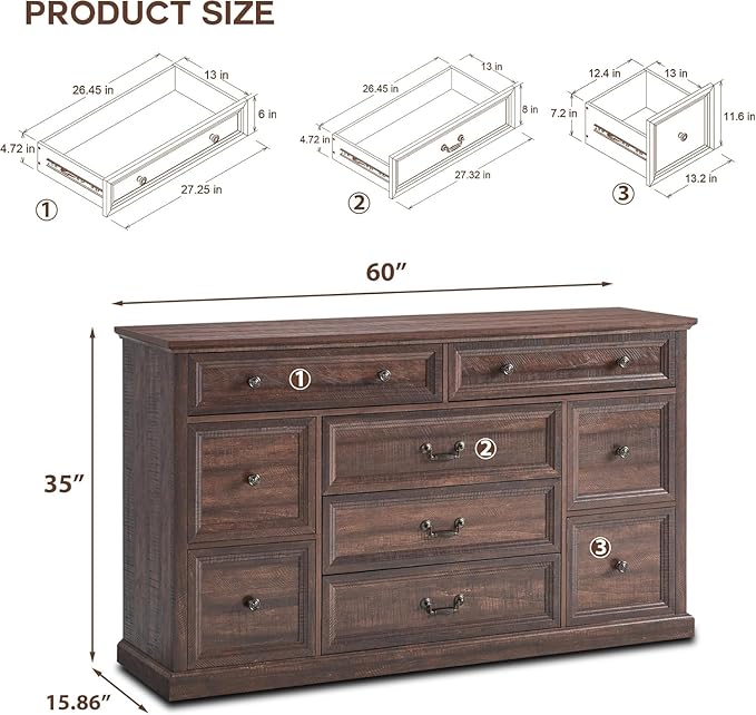 Farmhouse 9 Drawers Dresser for Bedroom, 60" Wide Wood Rustic Chest of Drawers, Large Storage Dressers Organizer for Bedroom, Living Room, Hallway, Dining Room-Brown