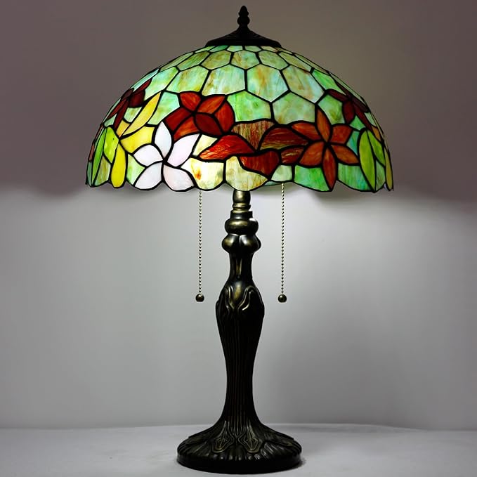 Tiffany Table Lamp Stained Glass Lamp 16X16X24 Inch Antique Reading Light (Green Red Flowers)