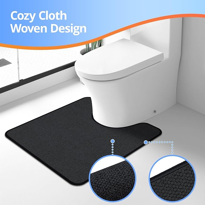 Toilet Rugs U Shaped Washable 24x20, Ultra Thin Toilet Rug Super Absorbent, Toilet Mat Rubber Backing Non-Slip, Toilet Mats Machine Washable Dry Quickly, Contour Bathroom Shower/Kids-Black