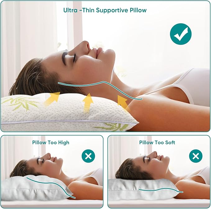 MINUPWELL 2 Packs Ultra Thin Pillows, Flat Pillows for Sleeping Thin, 7D High Support 2.5 inch Height Slim Bed Pillows for Stomach Sleeper, Standard Size -18x26 in - Rayon Derived from Bamboo