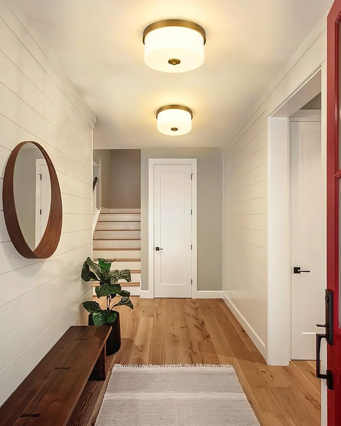 Emak 11 Inch Brushed Gold Flush Mount Ceiling Light Fixture, 2-Light Fixtures Ceiling Mount with Milk Glass Shades for Hallway, Kitchen, Bathroom, Dining Room, FM082-GD-ML