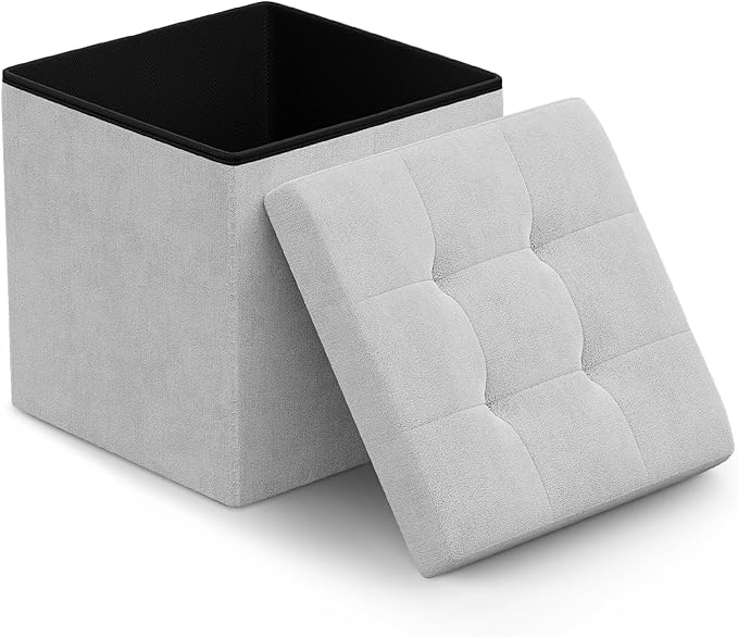 Athena Collection Line Square Ottoman with Storage, 15 Inch Small Storage Ottoman, Multipurpose Footstool Foot Rest for Living Room, Bedroom, Dorm, Light Grey