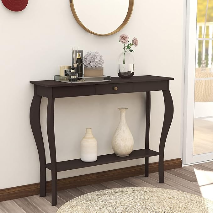 ChooChoo Narrow Console Table with Drawer, Chic Accent Sofa Entryway Table with Shelves for Entryway, Living Room, Hallway, Espresso