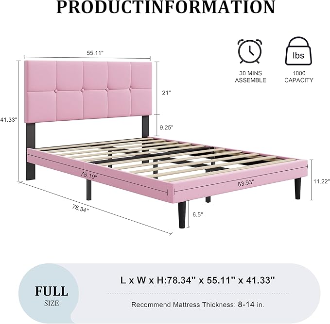 Full Size Bed Frame, Full Size Platform Bed Frame with Headboard, Upholstered Headboard, Sturdy Wooden Slats, Noiseless No Box Spring Required, Easy to Assemble, Pink