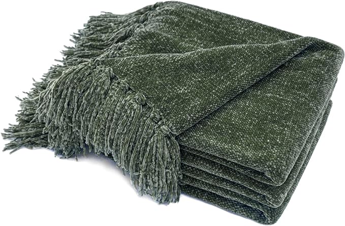 RECYCO Throw Blanket Soft Cozy Chenille Throw Blanket with Fringe Tassel for Couch Sofa Chair Bed Living Room Gift (Dark Green, 50" x 60")