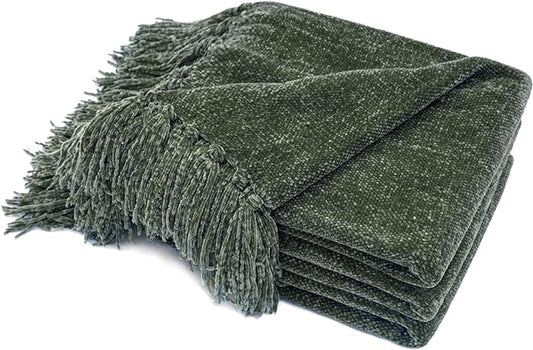 RECYCO Throw Blanket Soft Cozy Chenille Throw Blanket with Fringe Tassel for Couch Sofa Chair Bed Living Room Gift (Dark Green, 50" x 60")