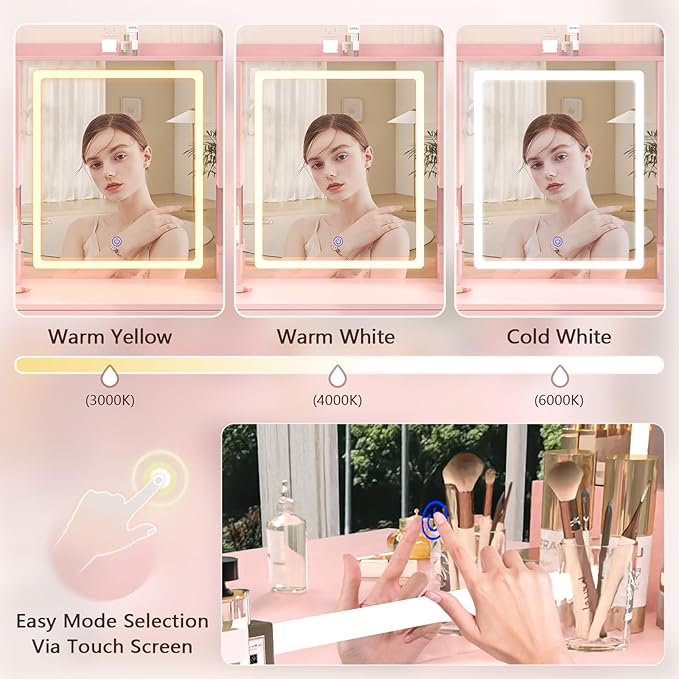 Vanity Desk with Mirror and Lights, Makeup Vanity Table with Power Outlet, Dressing Vanity Table Set with 6 Drawers & 4 Cabinets, 3 Color Modes & Brightness Adjusted, for Bedroom Room, Pink