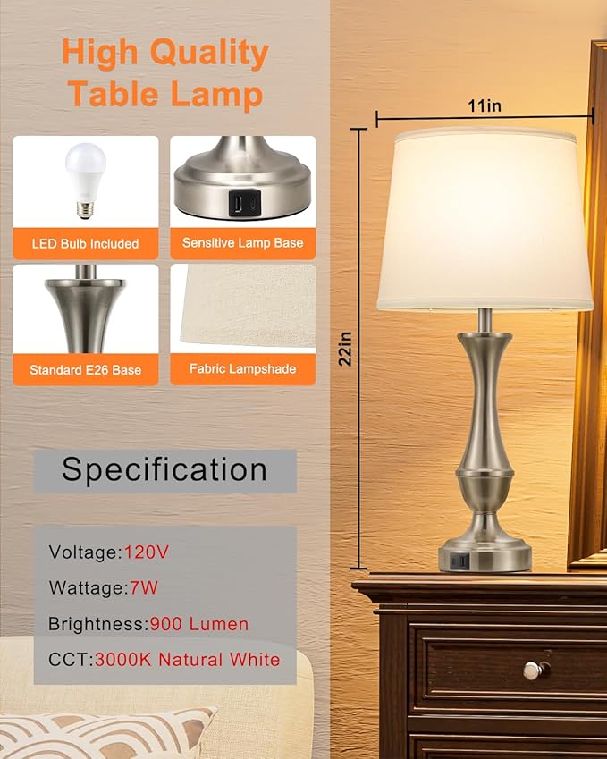 Upgraded Touch Lamps for Night Stands Set of 2 - Bedside Lamps with USB C+A, 3 Way Dimmable for Bedroom Living Room End Tables Office (White&Nickel)