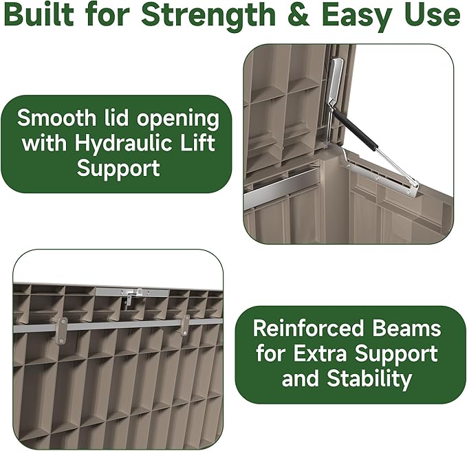 120 Gallon Outdoor Storage Box, Resin Waterproof UV-Resistant Deck Box with Hydraulic Lid Support, Reinforced Stability for Patio, Garden, and Poolside, Striped Gray