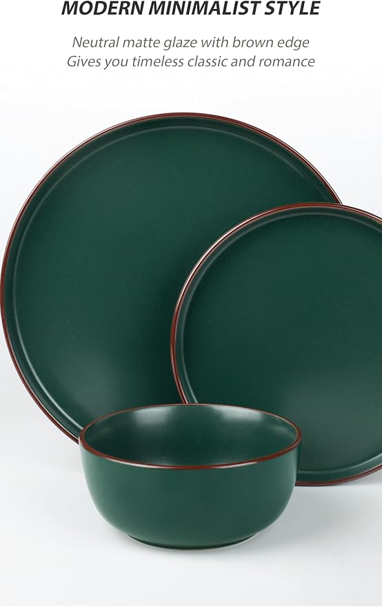 Famiware Mercury Plates and Bowls Sets, 12 Pieces Stoneware Dinnerware Sets, Dishes Set for 4, Microwave and Dishwasher Safe, Dark Green
