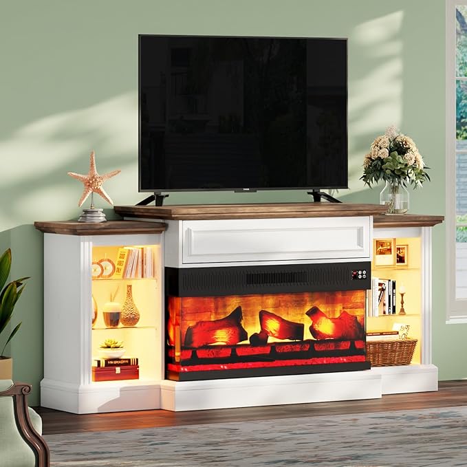 AMERLIFE 70" Fireplace TV Stand with Mantel, Farmhouse Wood Entertainment Center with 3-Sided Glass Fireplace for TVs up to 75", Adjustable Shelves & LED Lights, Distressed White