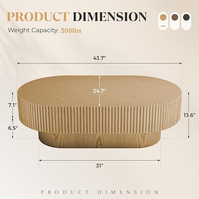 43.7” Oval Coffee Table, Modern Wood Fluted Coffee Table for Living Room, Veneer Handcrafted Relief Center Table with Sturdy Pedestal，Easy Assembly - Natural