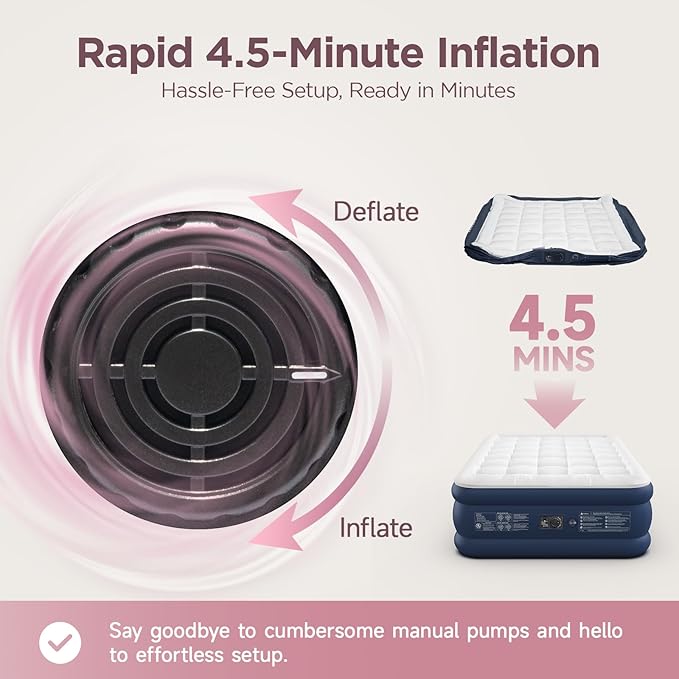 Queen Air Mattress with Built-in Pump & Luxury Quilted Topper (Washable&Detachable), 20" Raised Comfort, 800lb Support, 4.5 Min Fast Inflate, Blow up Mattress for Guest Camping & Home