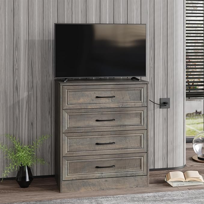 Fameill Dresser for Bedroom, 4 Drawer Small Dresser Organizer with Charging Station for Livingroom, Chest of Drawers with Metal Handles, Ash Grey