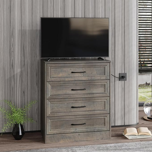 Fameill Dresser for Bedroom, 4 Drawer Small Dresser Organizer with Charging Station for Livingroom, Chest of Drawers with Metal Handles, Ash Grey