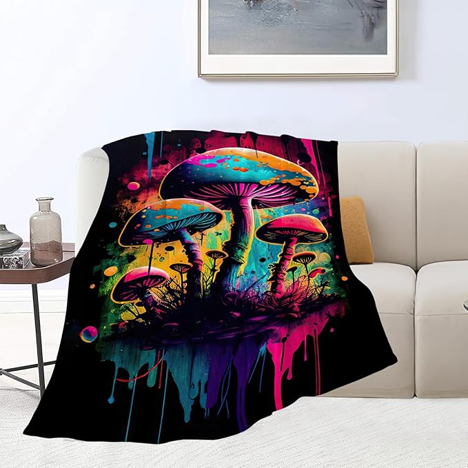 Mushroom Blanket Graffiti Throw Blankets Funky Mushroom Stuff Gifts for Men Women Boys Girls Adults Fleece Flannel Blanket Plush Bedding for Couch Sofa Bed Room Decor 40"X50"
