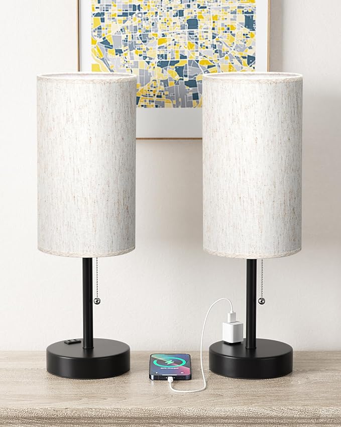 Plus Bedside Table Lamps Set of 2-3 Color Temperatures Pull Chain Lamp with AC Outlet Charging Port, Round Night Stand Lamps for Bedroom Guest Room Office, Bed Side Light with E26 LED Bulbs