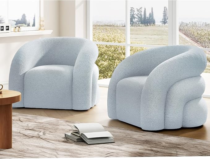 Swivel Accent Chair Set of 2,Upholstered Sherp Barrel Armchair 361° Round Modern Boucle Chair No Assembly for Living Room,Comfy Single Sofa Chairs for Bedroom(Blue)