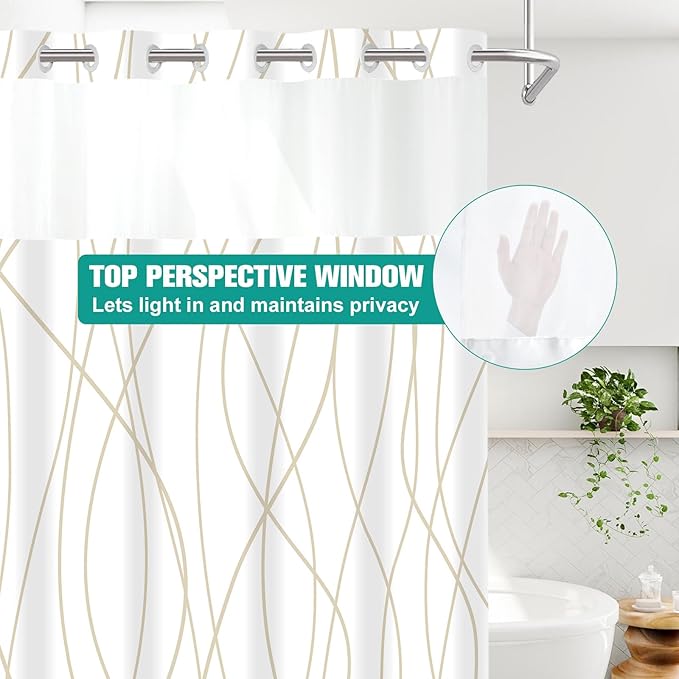 No Hook Beige Khaki Striped Stall Shower Curtain with Snap in Fabric Liner Set - Hotel Shower Curtain and Liner Set with See Through Mesh Top Window,Machine Washable, 54x80 INCH