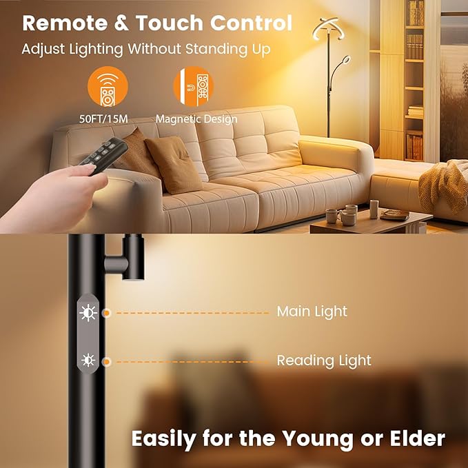 Upgraded 2-in-1 LED Floor Lamp - Dimmable Mother-Daughter Standing Lamp with Remote&Touch Control, 29W Bright Floor Reading Light, Black Modern Standing Light for Living Room Bedroom Office