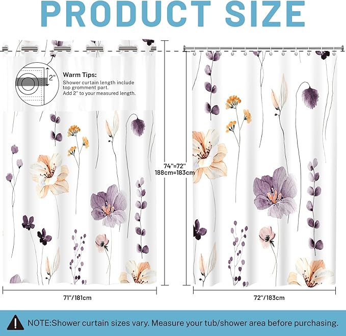 No Hook Shower Curtain with Snap in Liner - Floral Shower Curtain - Fabric Waterproof Inner Liner, Plants Watercolor Plum Flower Modern Shower Curtains - Machine Washable, 71 x 74