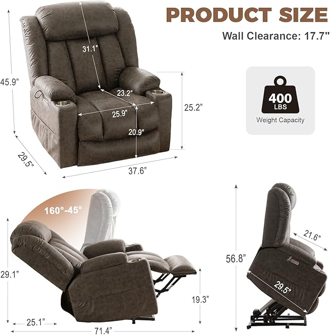 HUSFU Oversized Power Lift Recliner Chairs for Elderly with Massage and Heat, Extra Wide Recliners,Breathable Leather Lift Chairs w/Cup Holders, USB & Type-C Ports, Matte Grey,2PCS