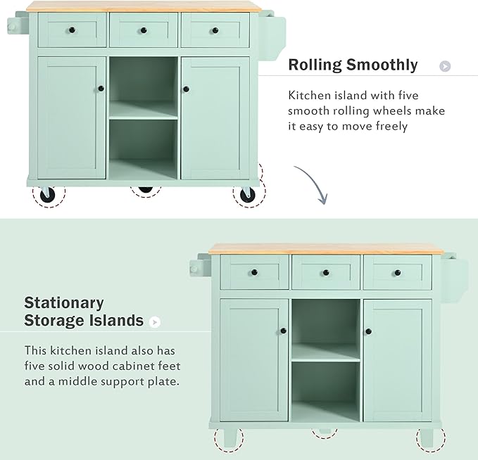 Kitchen Island Cart with Drop-Leaf Cabinet Door Internal Storage Rack 5 Wheels 3 Drawers for Kitchen, Dining Room, Bathroom 53.1" W*29.5" D*37.2" H Mint Green
