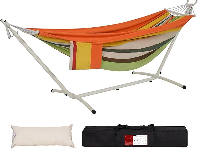 LazyDaze Hammocks Double Hammock with Stand - 2 Person Heavy Duty Outdoor Hammock for Adults, Includes Durable Steel Stand, Portable Carrying Bag and Pillow, Orange Green