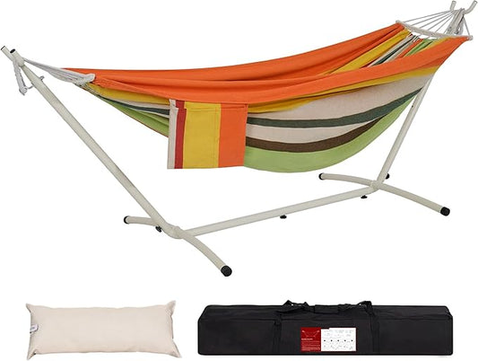 LazyDaze Hammocks Double Hammock with Stand - 2 Person Heavy Duty Outdoor Hammock for Adults, Includes Durable Steel Stand, Portable Carrying Bag and Pillow, Orange Green