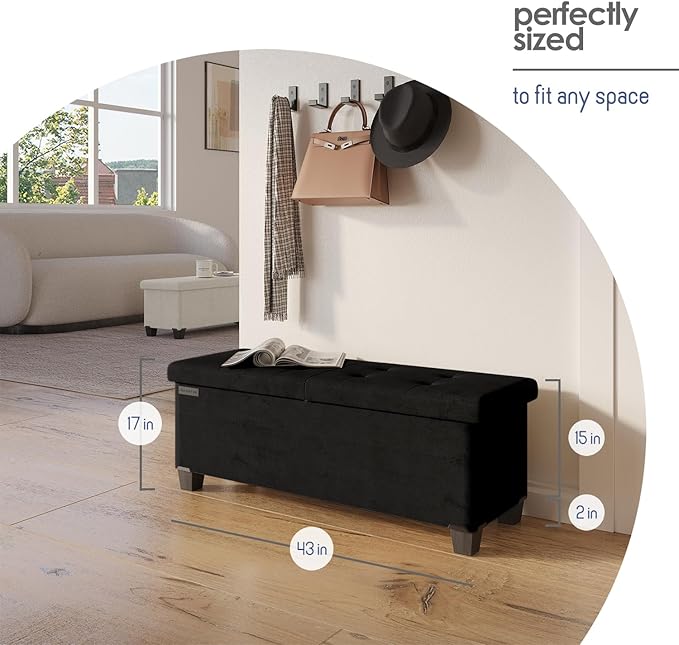 STORAGEBUD Storage Ottoman Bench with Bins, 43-in Storage Bench for Bedroom End of Bed, Folding Foot Rest Ottoman for Living Room Max 660lbs, Velvet Ottomans, Black