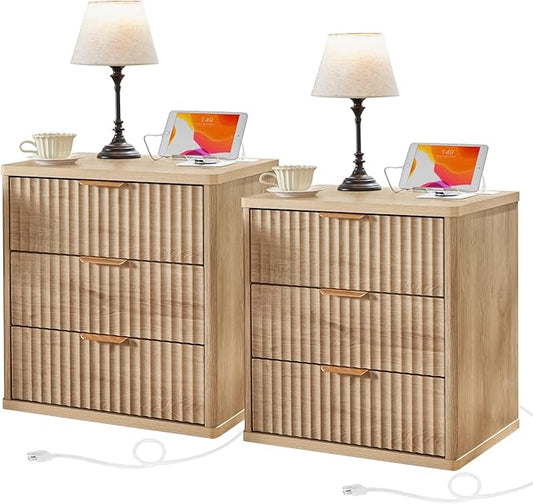 LEYAOYAO 23" Wide Fluted Farmhouse Night Stand Set of 2 with Charging Station, 3 Drawers Large End Table w/Metal Handle, Natural Nightstand Bedside Table,Wood Dresser for Bedroom, Closet