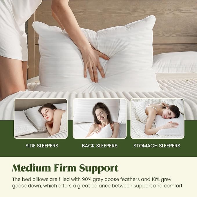 puredown® Natural Goose Feather Down Bed Pillows for Sleeping with 2 Outer Protectors, Hotel King Pillows Set of 2 with Cotton Fabric Cover (Pack of 2)