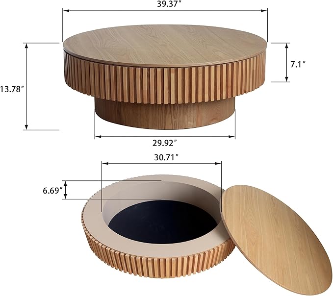 Round Coffee Table for Living Room, Accent Fluted Drum Coffee Table with Storage, Modern Solid Wood Veneered Circle Center Tea Table for Small Space Apartment (39.4''D×14''H-Natural)