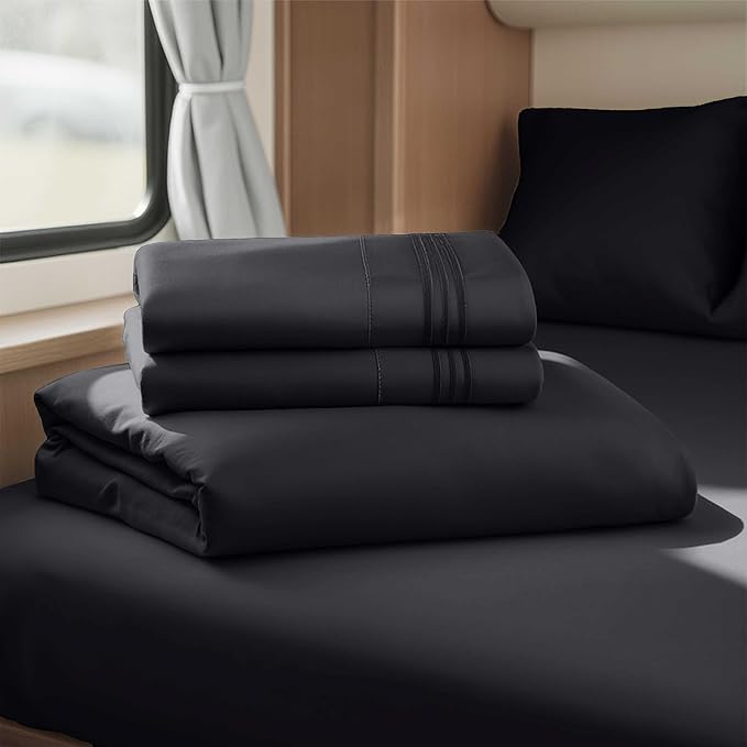 Clara Clark Bed Sheets, Premier 1800 Series 4 Piece RV Queen Sheet Set, Luxury Soft Sheets for RV Bunks, Short Queen - Black