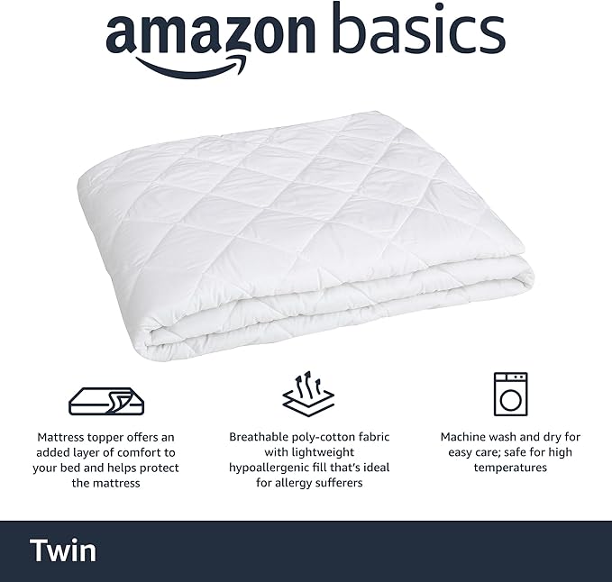 Amazon Basics Hypoallergenic Quilted Mattress Topper Pad, 18 Inches Deep, Twin, White