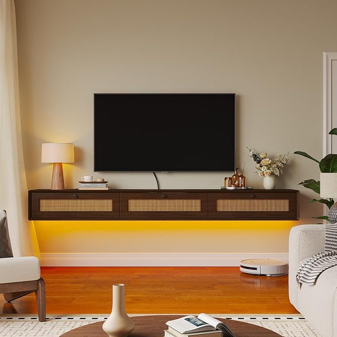 Fully-Assembled Floating TV Stand with 3 Rattan Doors, Rustic Floating Entertainment Center Under TV Shelf, Modern Large Storage Wall Mounted Media Console for Living Room Bedroom 70IN