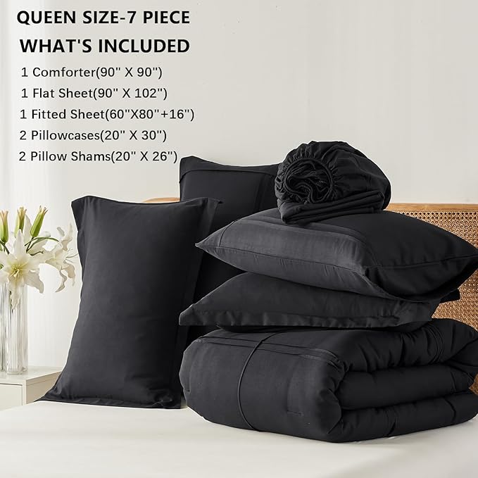 Yogeneg Queen Comforter Set 7 Piece Bed in a Bag,Grid Pinch Pleat Black Bedding Set,Striped Textured Soft Microfiber Comforter with Sheet Set,All Season Complete Bed Set(Black,Queen)