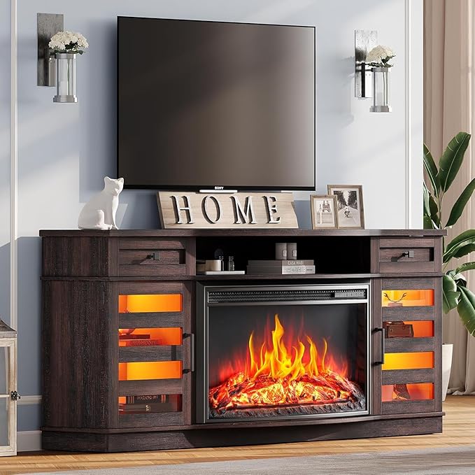 AMERLIFE 70" Farmhouse Fireplace TV Stand with 36'' Curved Electric Fireplace, LED Media Console with 2 Drawers & Adjustable Shelves, Fits 80'' TVs, Espresso