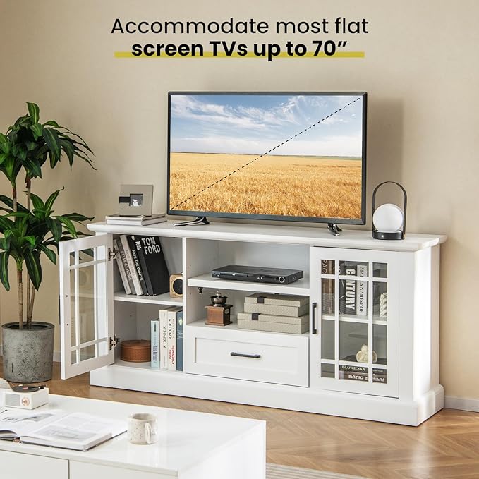Tangkula Farmhouse TV Stand for TV up to 70 Inch, Tall Media Console Table with 2 Glass Doors, Entertainment Center with Cubbies & Drawer, Storage Cabinet or Sideboard Buffet for Living Room (White)