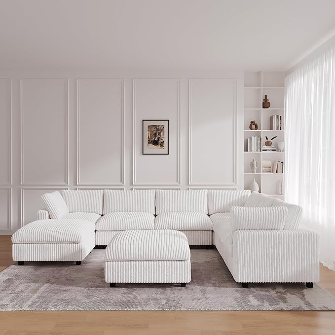 JACH 157" Modern Sectional Couch, Overzised Down Filled Soft Sofa, Deep Seat 8 Seater Convertible Modular Cloud Sofas for Living Room, Minimalist Couches,Sofa Cover Removable, Beige