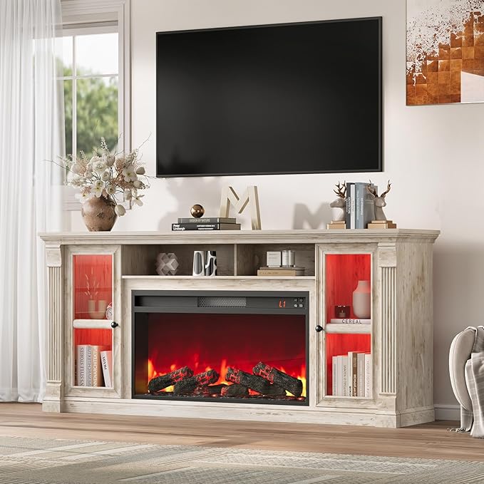 Farmhouse Fireplace TV Stand Up to 80" TVs, 70" Modern Highboy Entertainment Center with 36" Electric Fireplace & LED Lights, Media Console with Adjustable Shelves for Living Room, Antique Brush Gray