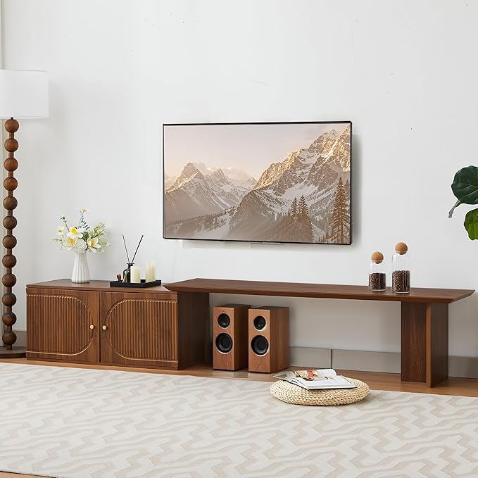 Extendable TV Stand, Wood TV Media Console with 2 Doors Entertainment Center Storage Cabinet Adjustable Shelves for Living Room Bedroom, Walnut