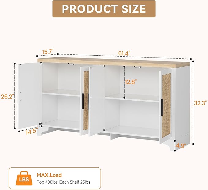 GAOMON TV Stand for TVs Up to 70'', Natural Rattan Entertainment Center with Storage Cabinets, Boho Media Console Table for Living Room, Farmhouse Cabinet, White