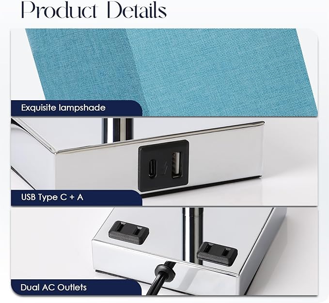 Bedside Lamp with USB Ports - Touch Control Table Lamp for Bedroom with USB C+A Charging Ports & AC Outlets, 3 Way Dimmable Nightstand Light with Flaxen Shade for Living Room (LED Bulb Included, Blue)