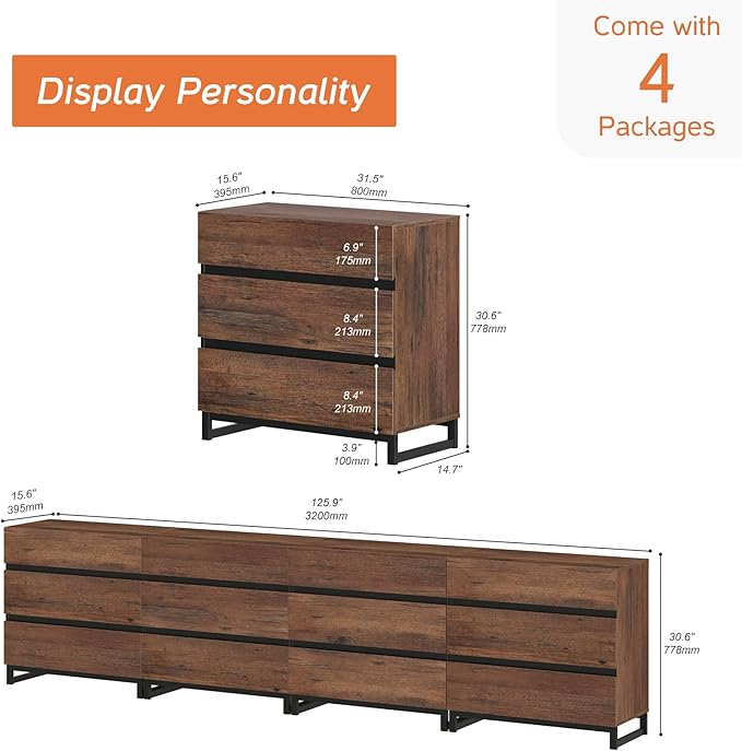 WAMPAT Modern TV Stand for TVs up to 120 inch, Entertainment Center TV Console with 12 Drawers and Metal Base, Media Console for Living Room, Bedroom, Brown