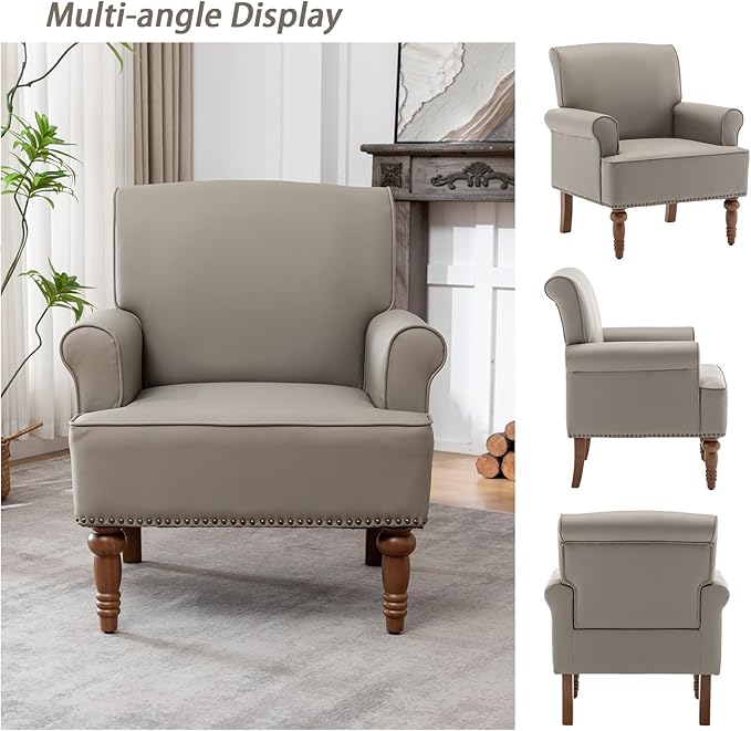 Accent Chair, Faux Leather Living Room Chairs with Nailhead Trim, Mid-Century Lounge Armchair with Solid Wood Legs, Comfy Reading Single Sofa for Bedroom, Waiting Room (Grey, 2 Chairs)