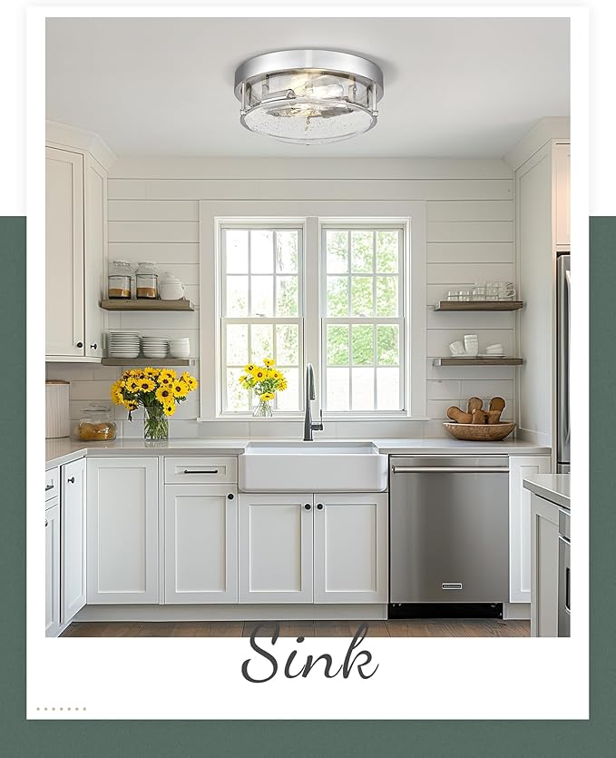 12" Flush Mount Ceiling Light, Brushed Nickel Finish, Bubble Glass Shade, Modern Farmhouse Style for Bedroom, Living Room, Dining – CKCL4822-2W-SGBN