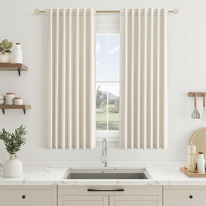 Guken Beige Linen Blackout Curtains 54 Inch Length 2 Panels Set for Living Room Bedroom Back Tab Thermal Insulated 100% Black Out Linen Drapes Room Darkening Window Curtains 54 Inches Long
